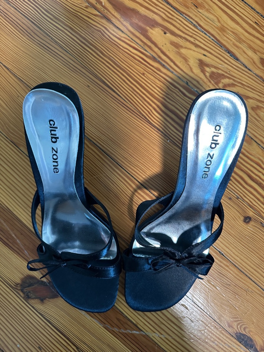 Club Zone Black Satin Slide Heels with Bow Accent